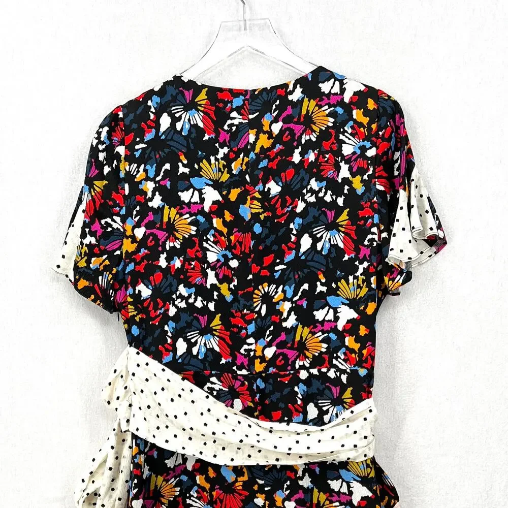 TANYA TAYLOR Bianka Combo Silk Wrap Dress Womens 8 Floral Polka Dot Ruffle Wrap - Picture 7 of 16
